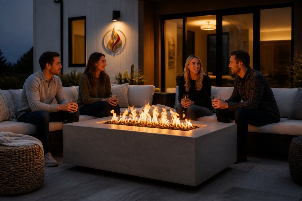 Professional outdoor patio at dusk featuring a modern gas fire table as the focal point, guests seated around it with warm flames glowing, contemporary home architecture visible in soft evening light