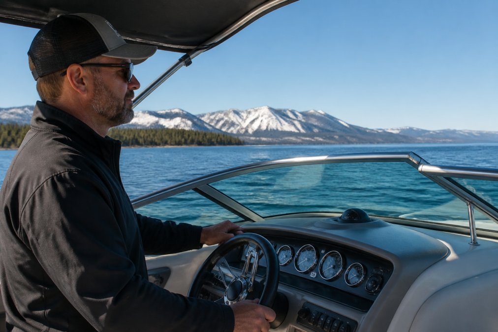 Professional boat captain at the helm of a premium vessel with hands steady on the wheel, calm expression, clear lake water and mountain peaks visible in the background, natural daylight