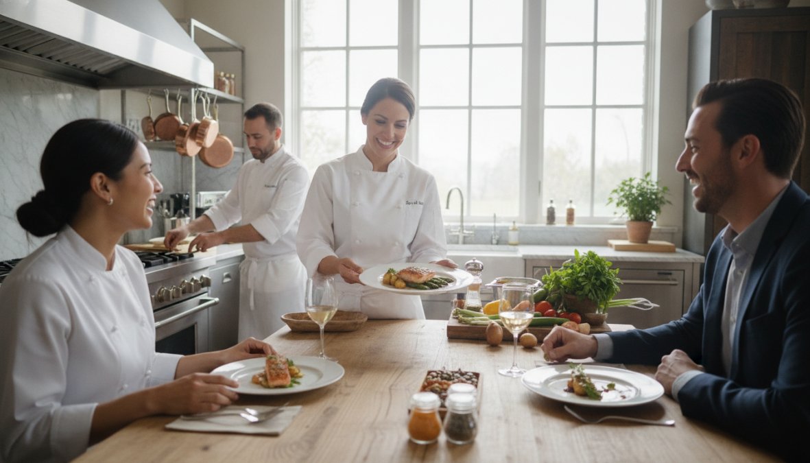 Professional chef in a modern home kitchen plating a multi-course meal with fresh ingredients, natural light streaming through large windows, showcasing precise culinary technique and attention to detail