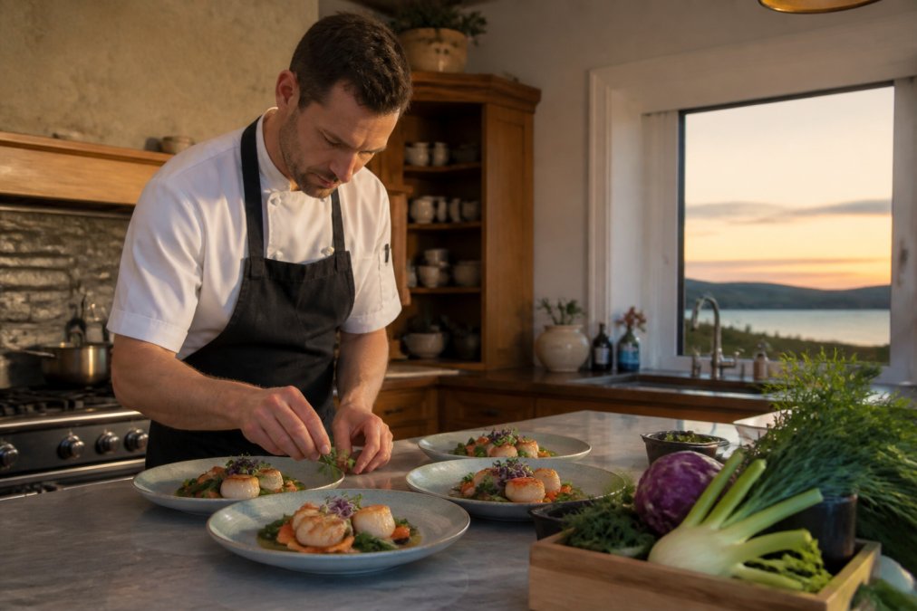 Private chef plating fresh Scottish seafood in a holiday cottage kitchen to show if a private chef is worth it for Scotland