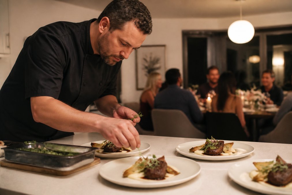 Professional private chef carefully plating an elegant dish at a home kitchen counter, with softly lit intimate dining room visible in background, guests seated and enjoying the experience