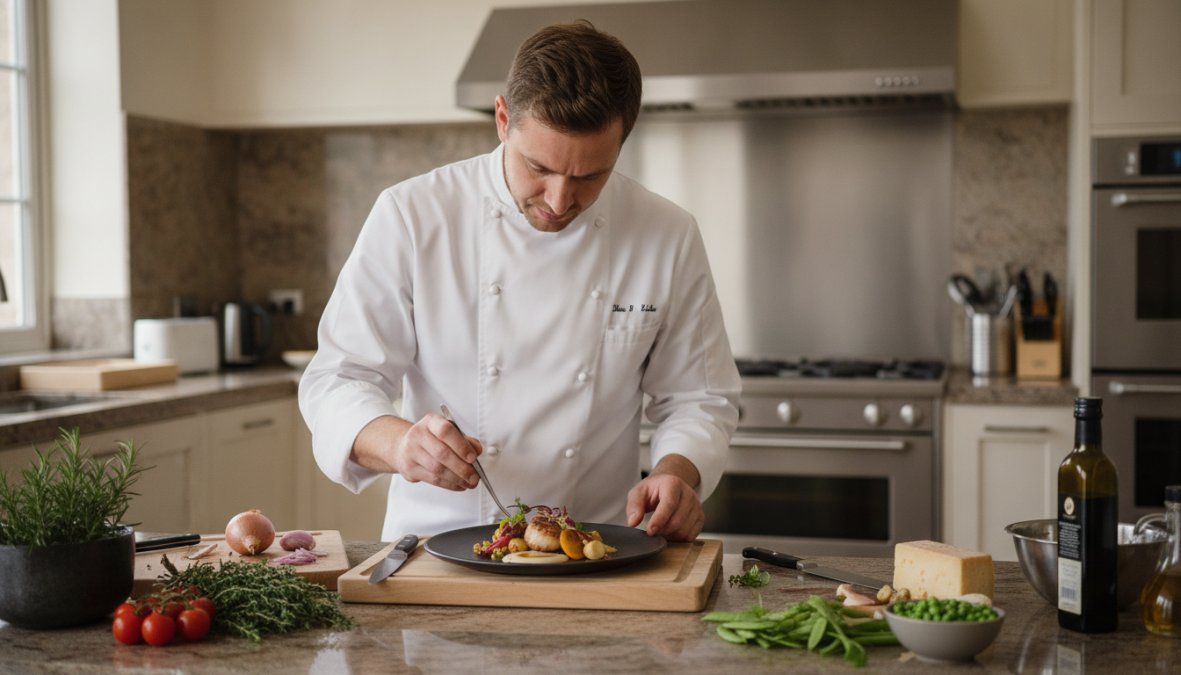 A professional chef in a white chef's coat carefully plating an elegant multi-course dish in a modern Sydney home kitchen, with fresh herbs, seasonal vegetables, and premium ingredients arranged on the marble counter nearby