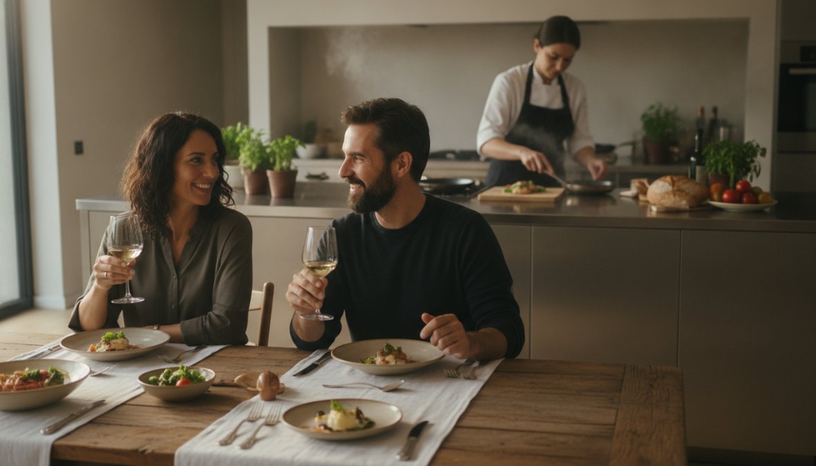 A relaxed couple seated at a beautifully set dining table in their Sydney home, enjoying a multi-course meal with wine, while a chef works elegantly in the illuminated open kitchen behind them