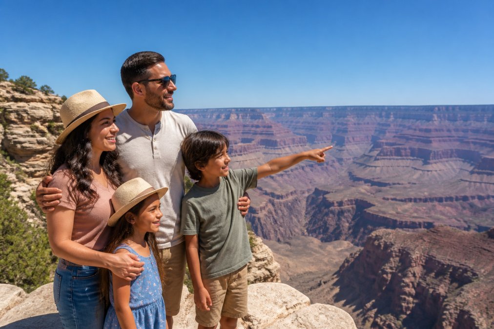A diverse family group with parents and two children enjoying a scenic overlook at the Grand Canyon South Rim, smiling and pointing at distant vistas with clear blue sky