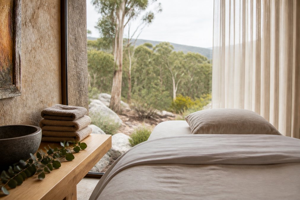 Serene treatment room with eucalyptus on a timber bench for a private wellness retreat overlooking Tasmanian bushland.