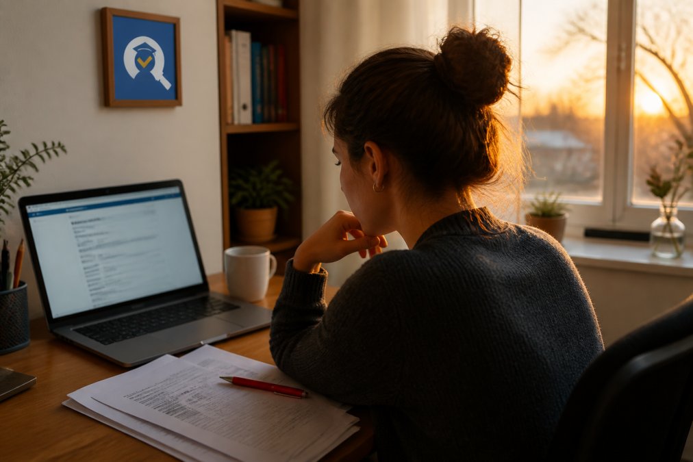 Person at a desk with a laptop and printed documents preparing for a cv review in the late afternoon light