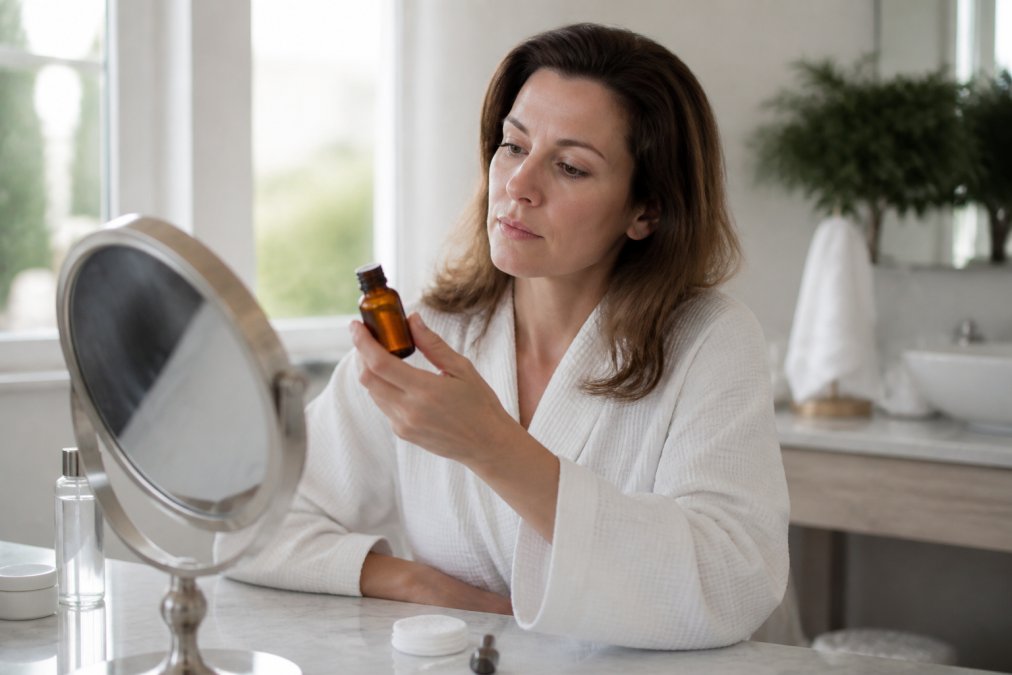 A woman in her 40s sitting at a bright bathroom vanity, examining a small amber glass bottle of chemical peel solution next to a hand mirror and cotton pads, natural morning light