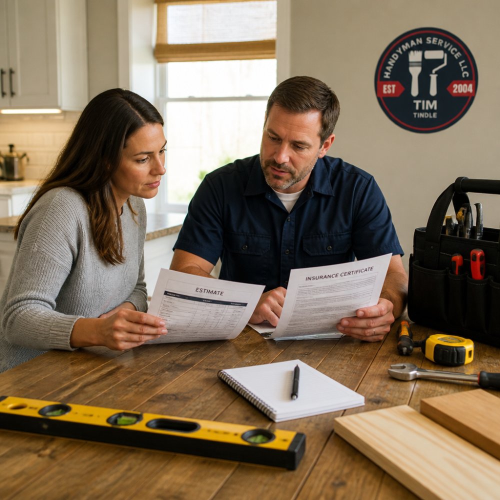 Infographic showing steps for a homeowner to vet a professional handyman using estimates and insurance documents