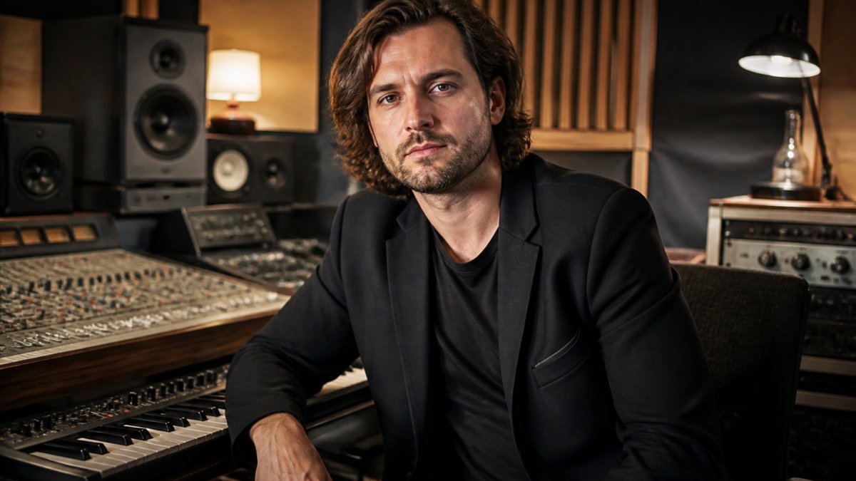 Musician in a blazer posing for a professional LinkedIn headshot in a modern recording studio.