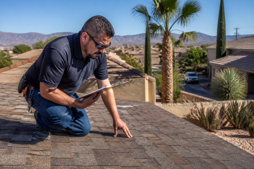 A professional roofing contractor in work attire closely examining asphalt shingles on a residential roof in a sunny desert climate, holding a clipboard