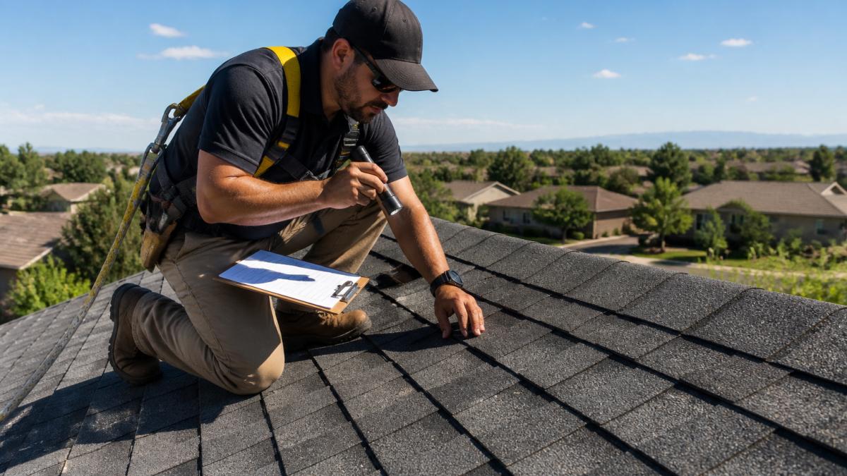A professional roofer in safety harness kneeling on an asphalt shingle roof, inspecting shingles with a clipboard and flashlight in bright daylight, residential neighborhood visible below