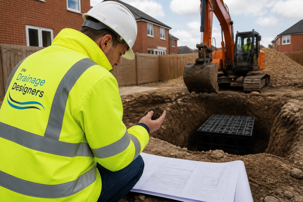 A drainage engineer in high-visibility clothing examining soil conditions and technical drawings on a residential building site, with excavation equipment visible in the background
