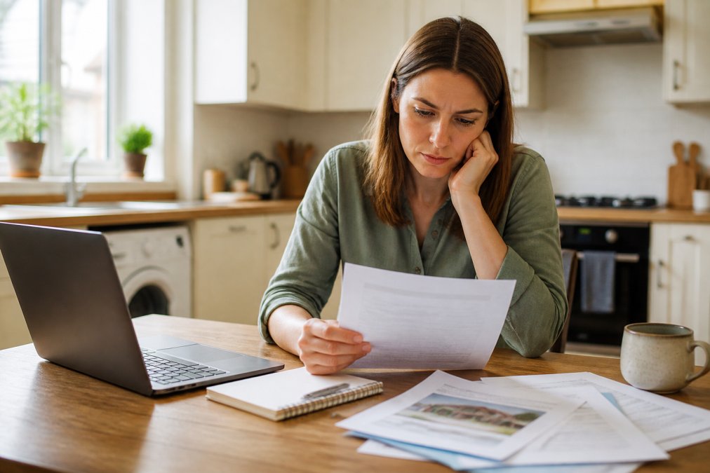 Prospective homebuyer reviewing property documents and reports at a kitchen table with a laptop and notepad, looking focused and thoughtful, natural daylight from window