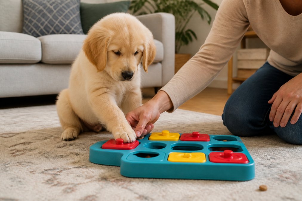 A young puppy sitting beside a colorful puzzle feeder on a living room floor, with a person's hand gently guiding the puppy's paw toward a sliding compartment, bright warm indoor lighting