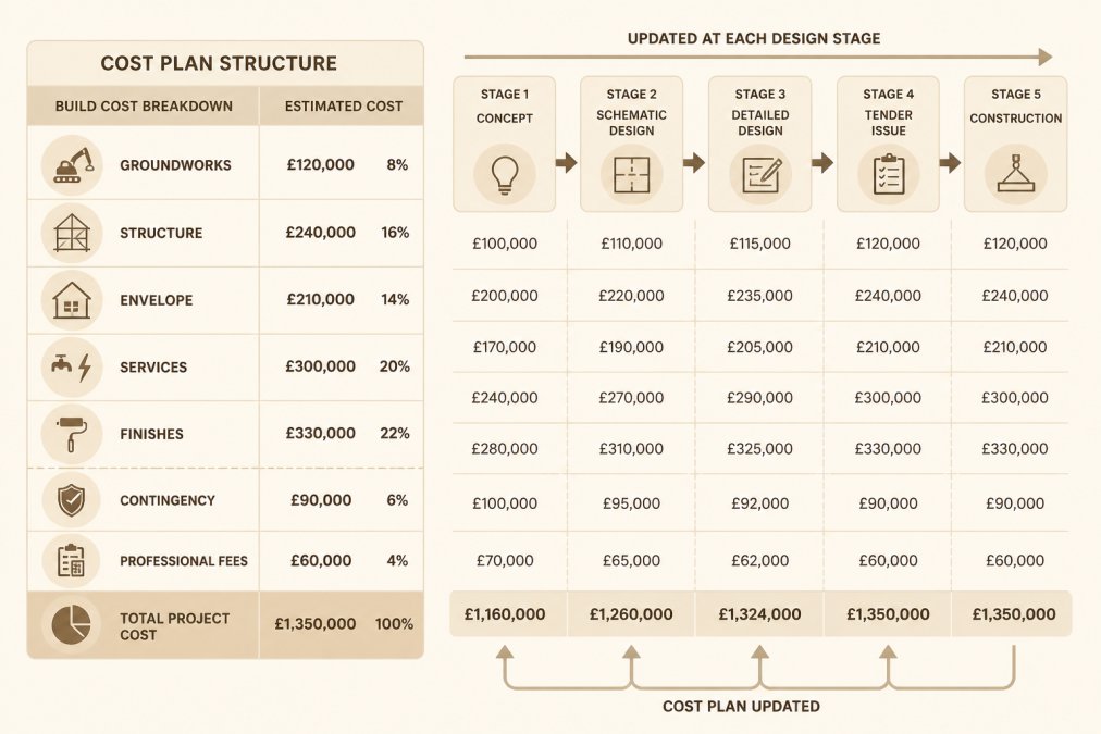 Diagram of a cost plan structure: build cost breakdown by trade (groundworks, structure, envelope, services, finishes), contingency line, professional fees line, and total project cost, with arrows showing how the plan is updated at each design stage