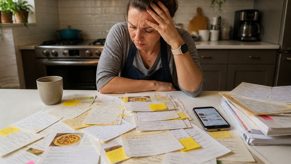 Busy parent at kitchen counter surrounded by printed recipe cards, sticky notes, smartphone with multiple browser tabs open, looking overwhelmed by disorganization