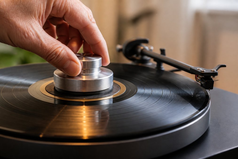 Close-up of a hand lowering a brushed metal record weight onto a vinyl record spinning on a turntable platter, warm side lighting catching the grooves with the tonearm visible in the background