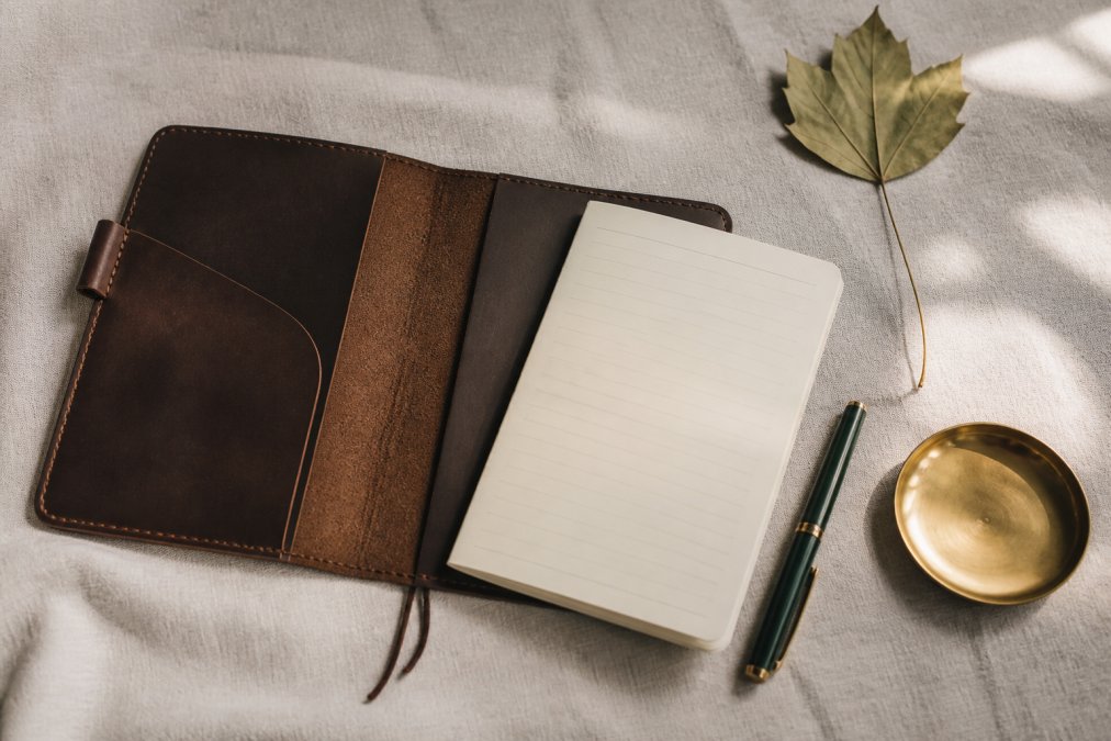 Overhead flat lay on a linen surface: an open refillable leather journal cover with a fresh lined insert beside it, a pen, a pressed leaf, and a small brass dish, soft natural window light