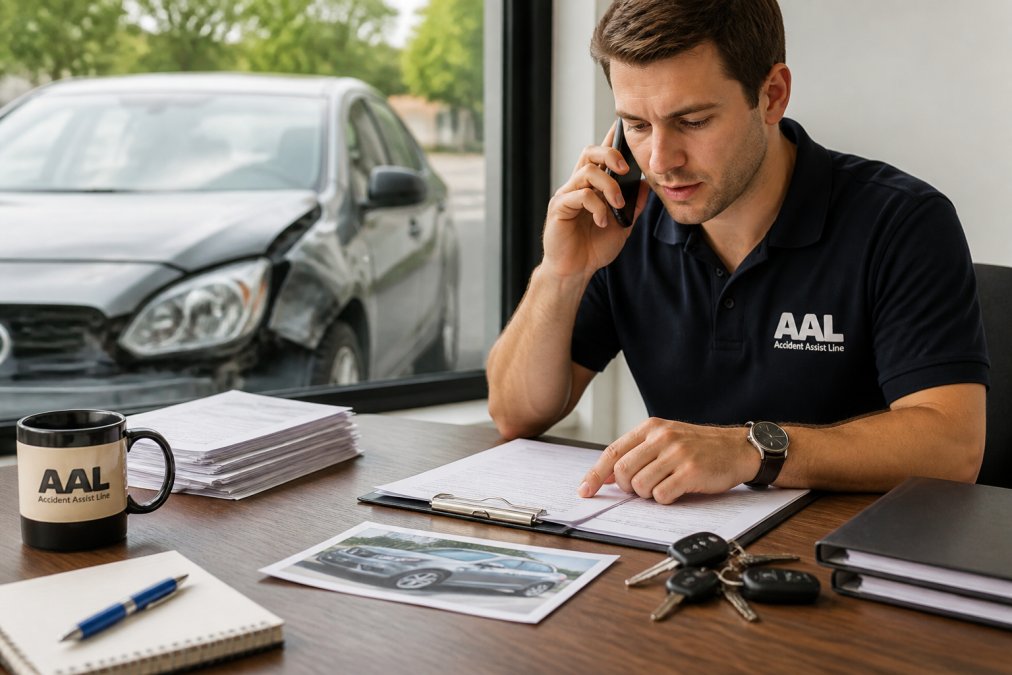 Person on phone arranging a rental car with damaged vehicle visible in background, rental paperwork and insurance documents spread on desk, natural office lighting