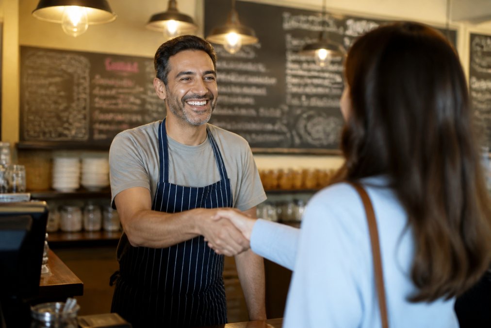A smiling restaurant owner in an apron greeting a familiar customer at the front counter of a warmly lit neighborhood restaurant, with a chalkboard menu visible in the background
