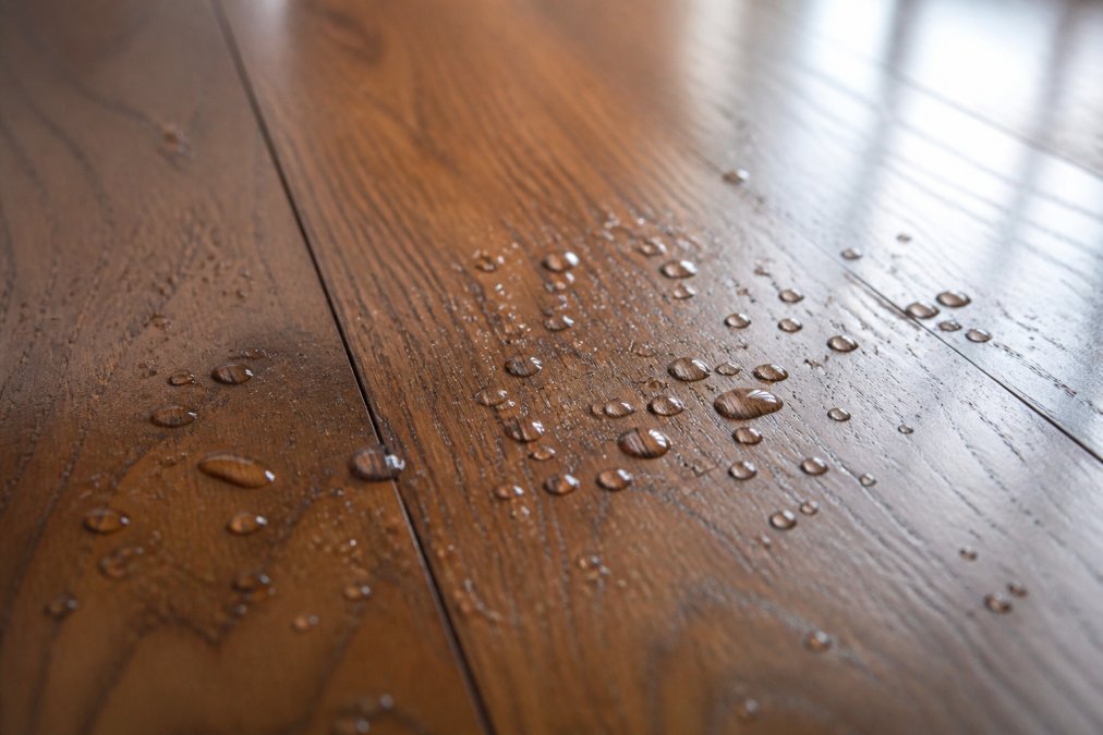 Close-up of water droplets beading on sealed hardwood flooring surface, showing the protective finish under natural light