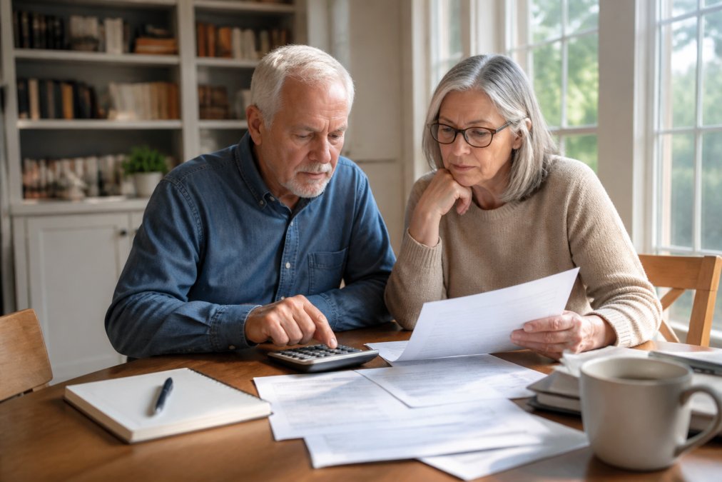 Mature couple reviewing financial documents and healthcare forms at a home office desk with a laptop and calculator, natural afternoon light streaming through windows