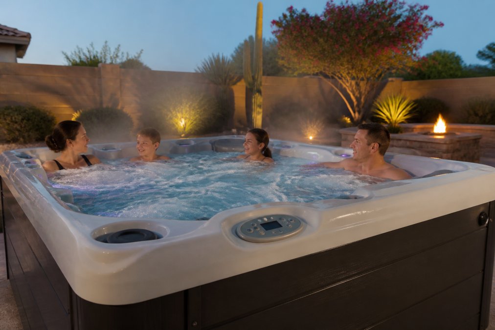 A family relaxing in a salt water hot tub surrounded by desert landscaping at dusk with steam rising