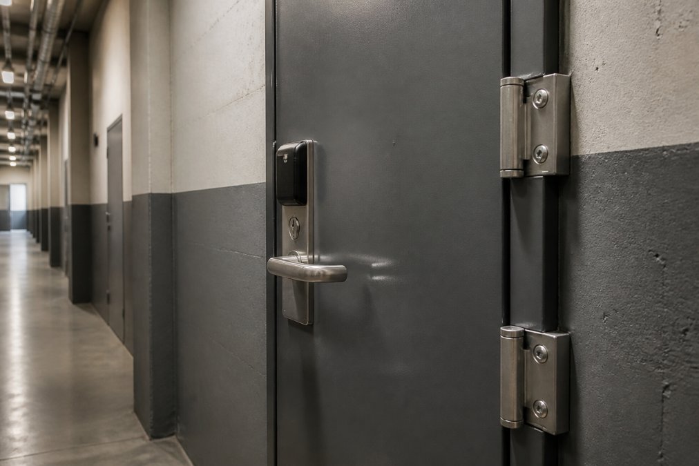 Close-up of heavy-duty security access door with surface-welded security hinges, reinforced frame, and electronic strike mechanism installed in a commercial corridor