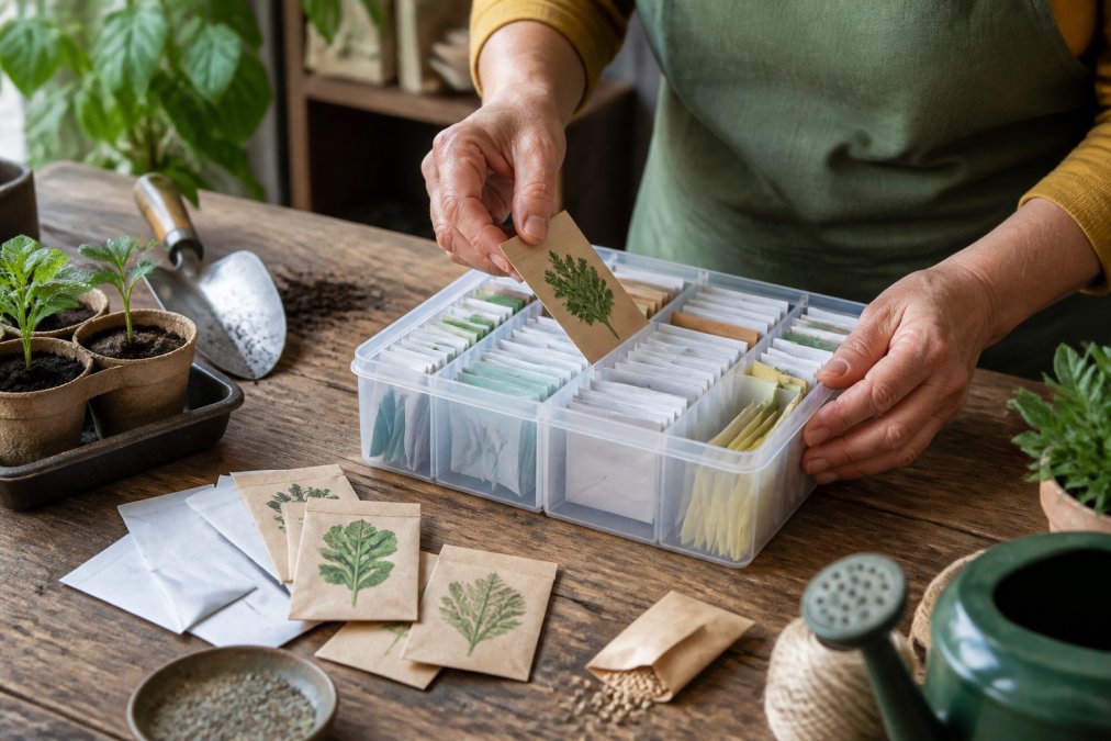 A gardener's hands placing labeled seed packets into a transparent compartmented storage box on a wooden table, surrounded by gardening tools and seed envelopes