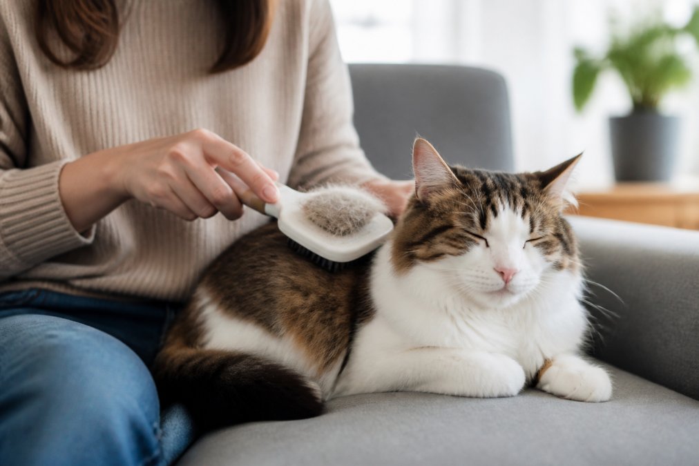 Cat owner gently brushing a relaxed cat on a sofa using a self cleaning cat brush with loose fur on the head.