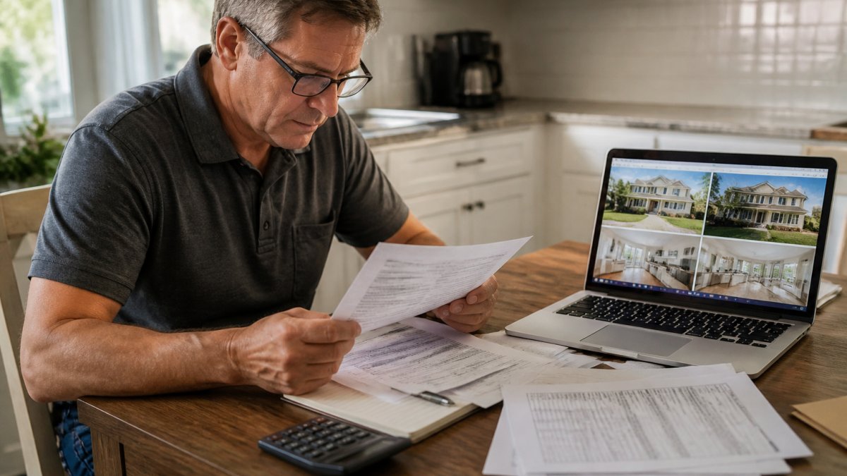 A real estate investor reviewing a rental property purchase agreement and financial documents at a kitchen table, with a laptop showing property listings nearby