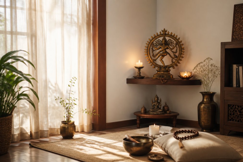 Ruhiger Meditationsraum mit einer Nataraja-Statue aus Messing auf einem erhöhten Holzregal in der nordöstlichen Ecke, umgeben von sanftem Kerzenlicht, Gebetsperlen und schlichter spiritueller Dekoration, wobei das Morgensonnenlicht durch durchsichtige Vorhänge fällt
