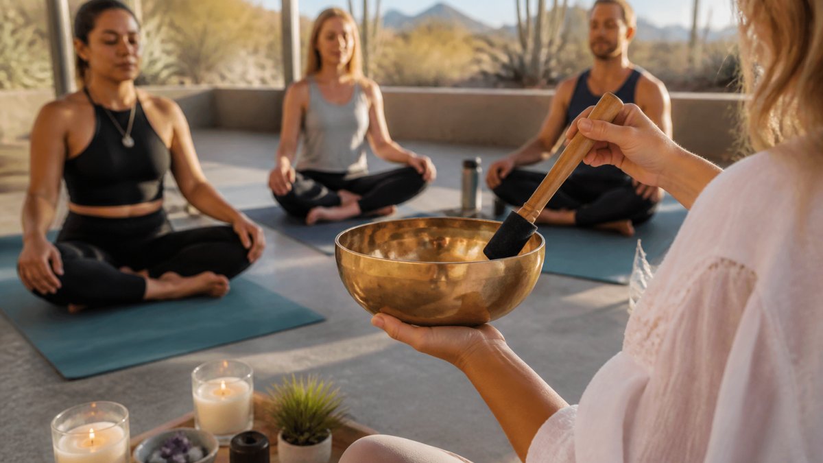 A small group of adults sitting cross-legged on yoga mats in a sunlit desert studio, eyes closed in guided meditation, with a facilitator holding a singing bowl