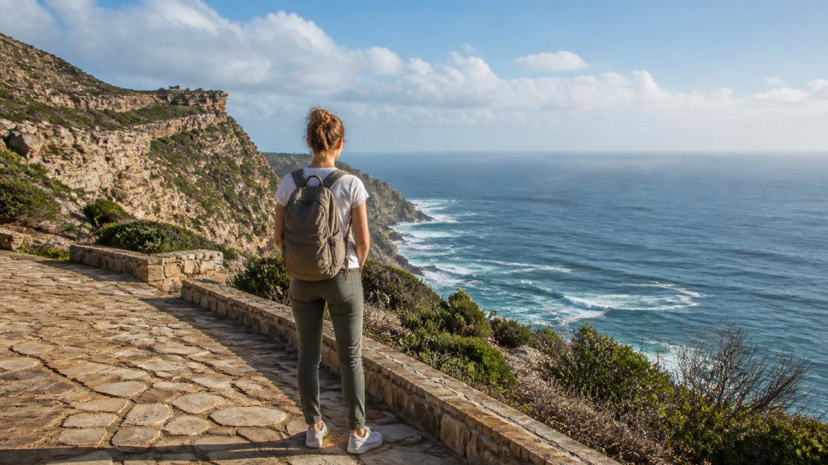 Traveler with a daypack at the Cape of Good Hope during a Cape Town itinerary, overlooking rugged cliffs and ocean.