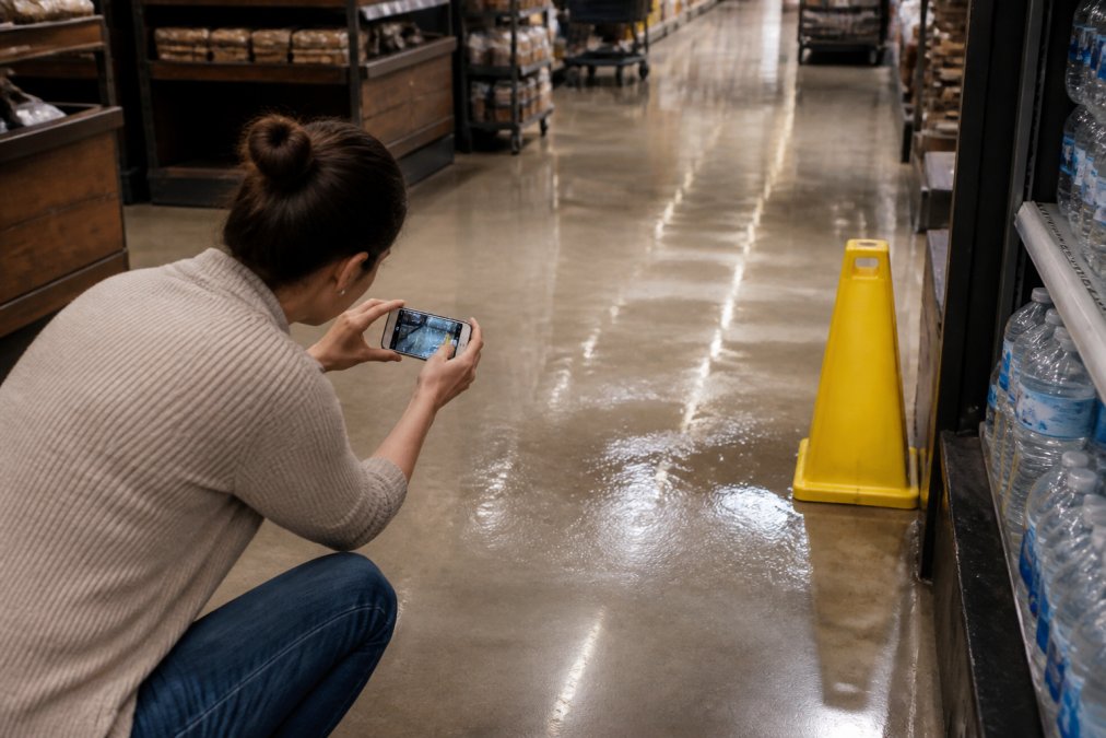 Person using a smartphone to document a wet floor hazard for a slip and fall lawyer's injury claim investigation.