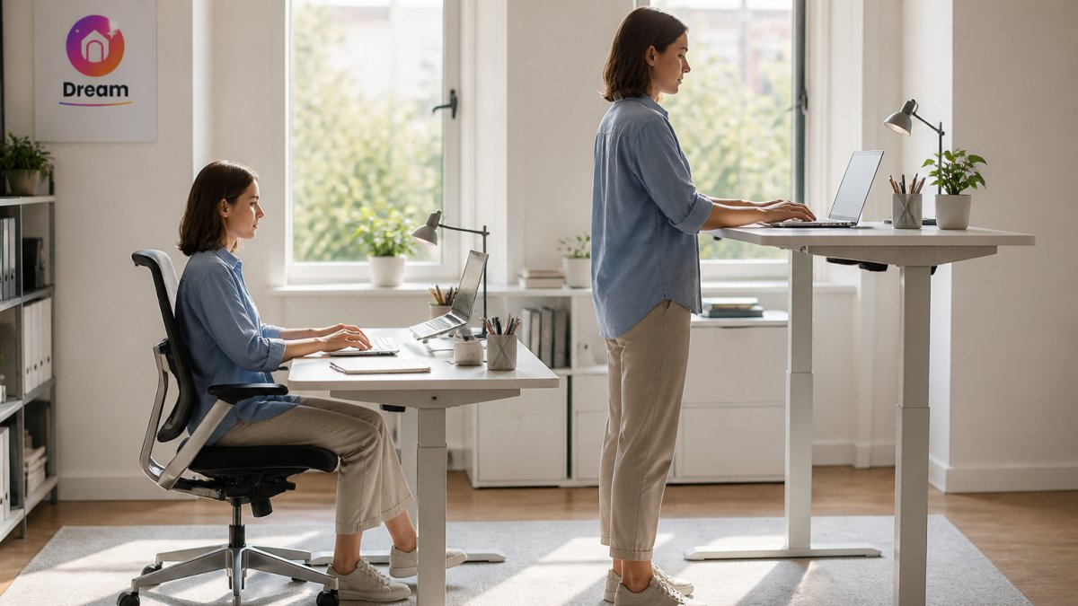 Professional working at desk transitioning from seated position with proper spinal alignment to standing position at same desk, showing active working posture in bright office environment