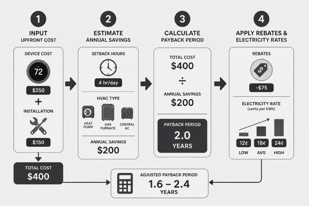 Flowchart showing payback calculation: Input upfront device cost plus installation, estimate annual savings from setback hours and HVAC type, divide to get years to break even, then apply rebates and variable electricity rates
