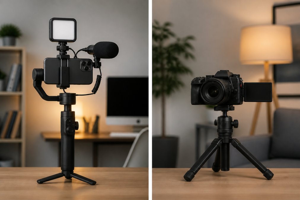 A content creator filming a video with a smartphone mounted on a gimbal, using an external microphone and a small LED light, in a home studio setup