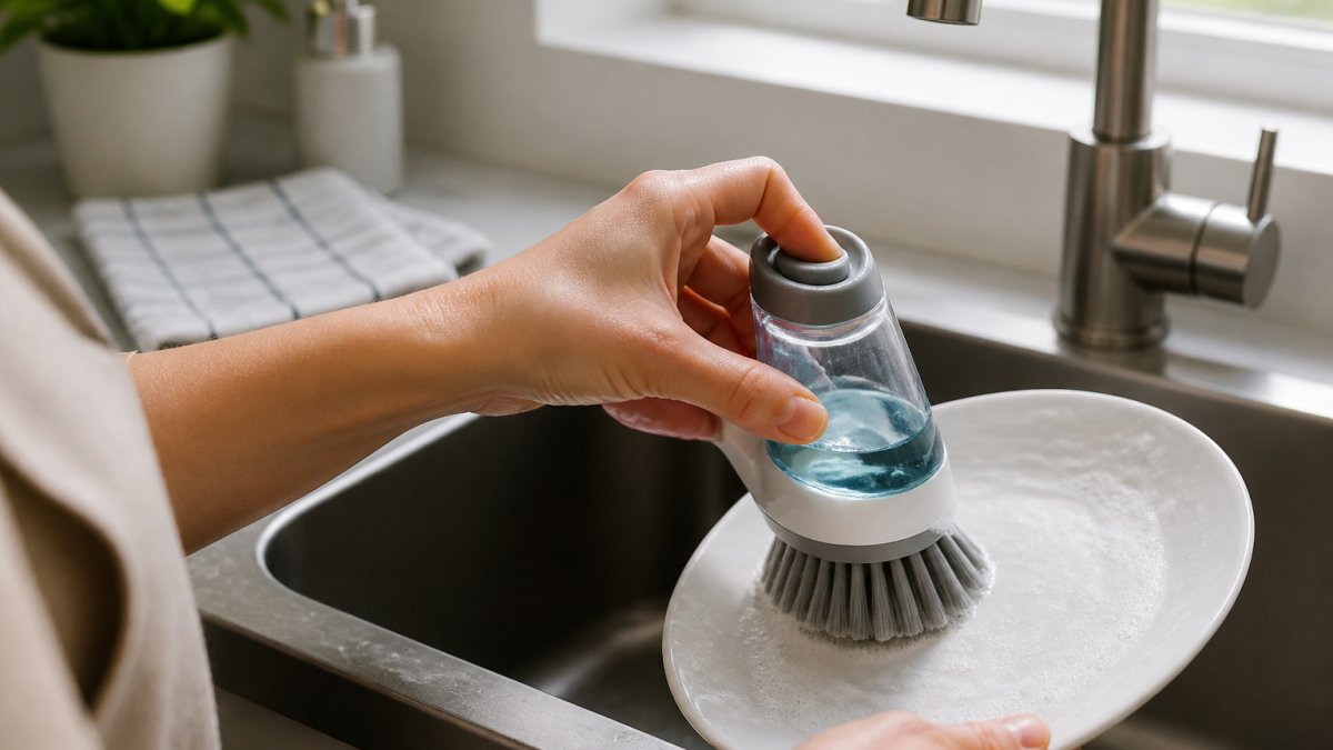 Close-up of a person's hands pressing the soap button on a refillable dish brush while scrubbing a plate at a kitchen sink, with soap suds visible and natural daylight
