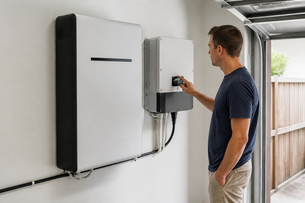 A modern lithium-ion home battery unit mounted on a white wall inside a garage, with an inverter mounted beside it and a homeowner in casual clothes checking the digital display screen under bright work lights