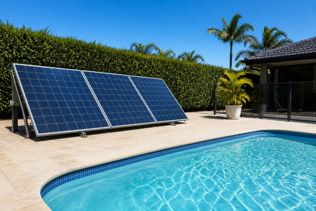 Solar photovoltaic panels mounted on a residential pool deck with clear blue sky, showing the array angled toward the sun above a sparkling swimming pool