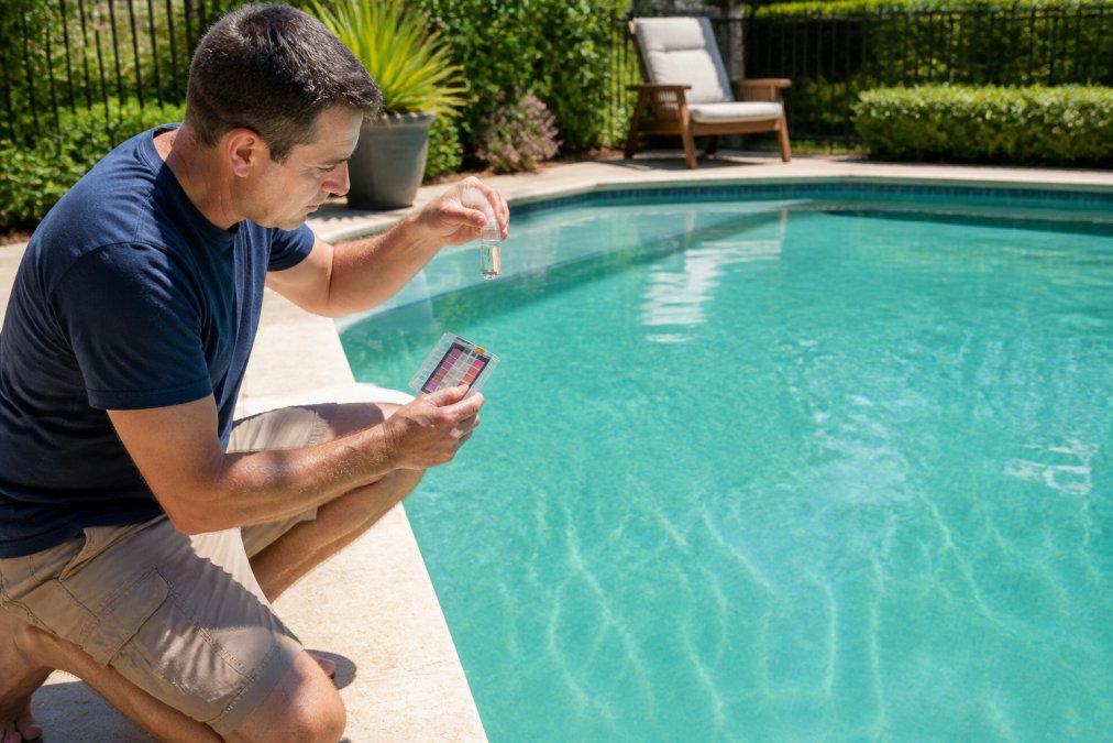 Homeowner standing beside their pool on a sunny day, examining pool water quality with a test kit, showing a well-maintained residential pool with clear turquoise water