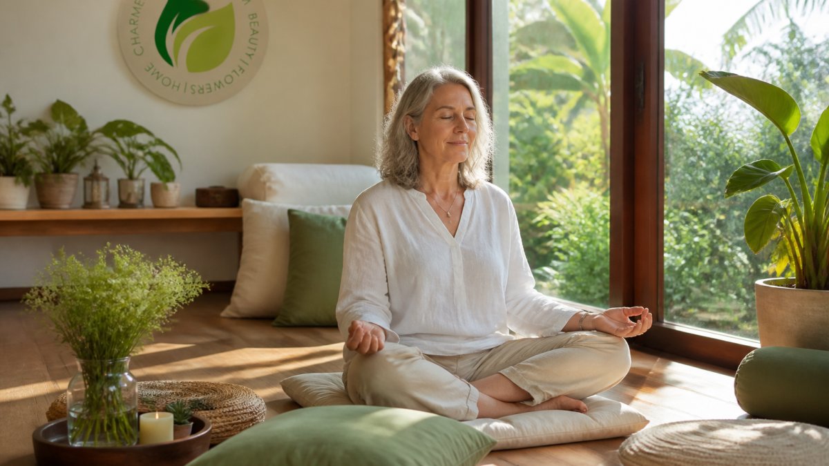 A woman in her mid-50s sitting peacefully in a sunlit meditation room with soft natural light streaming through large windows, surrounded by plants and comfortable cushions, looking calm and centered