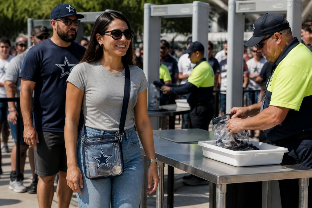 Sports fan walking through a stadium security checkpoint carrying a clear bag.