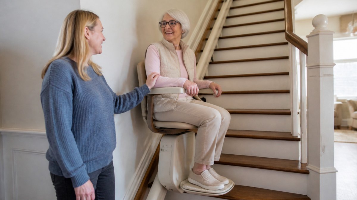 Senior sitting on a stair lift at home while wondering if is a stair lift covered by insurance through Medicaid.