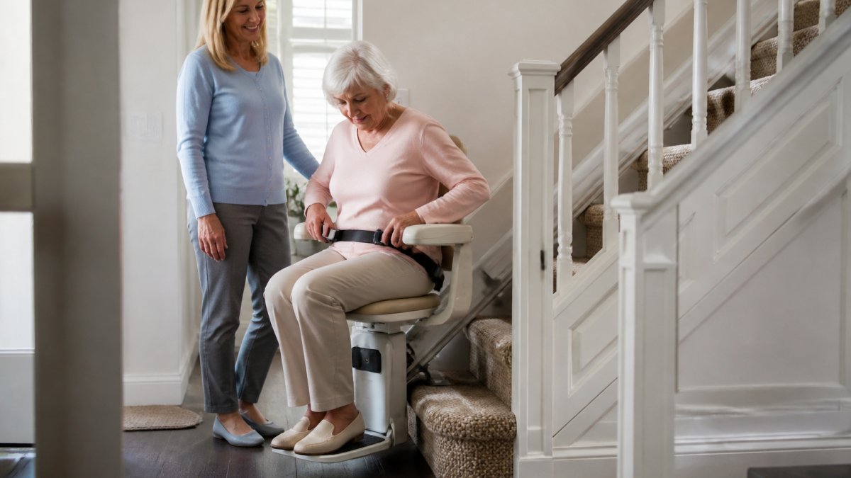 An older adult carefully fastening the seat belt while seated on a stairlift at the bottom of a staircase, with a caregiver standing nearby in a bright home hallway