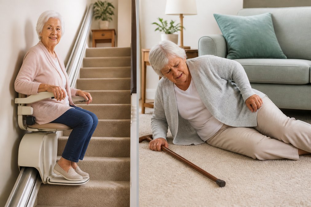 A senior woman smiling as she rides a modern stairlift up a carpeted staircase in a well-lit, comfortable home, one hand resting on the armrest