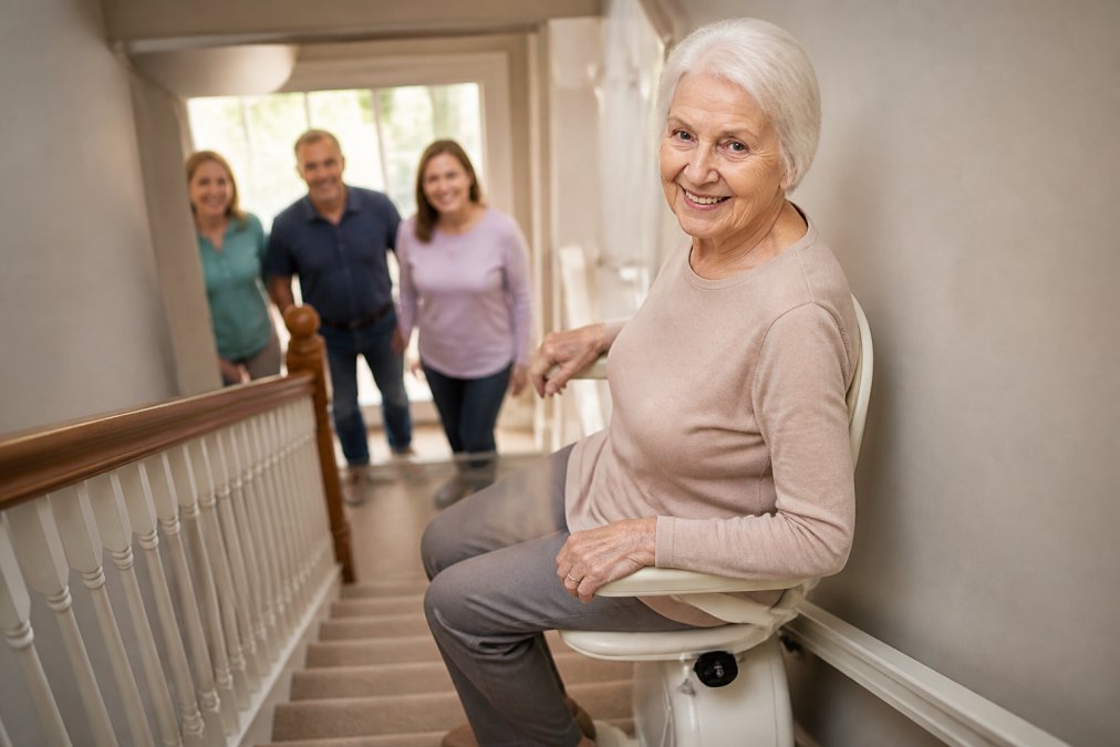 Older adult confidently navigating stairs independently with secure hand placement on the stairlift rail, family members visible in the background offering supportive presence in a warm, well-lit residential stairwell