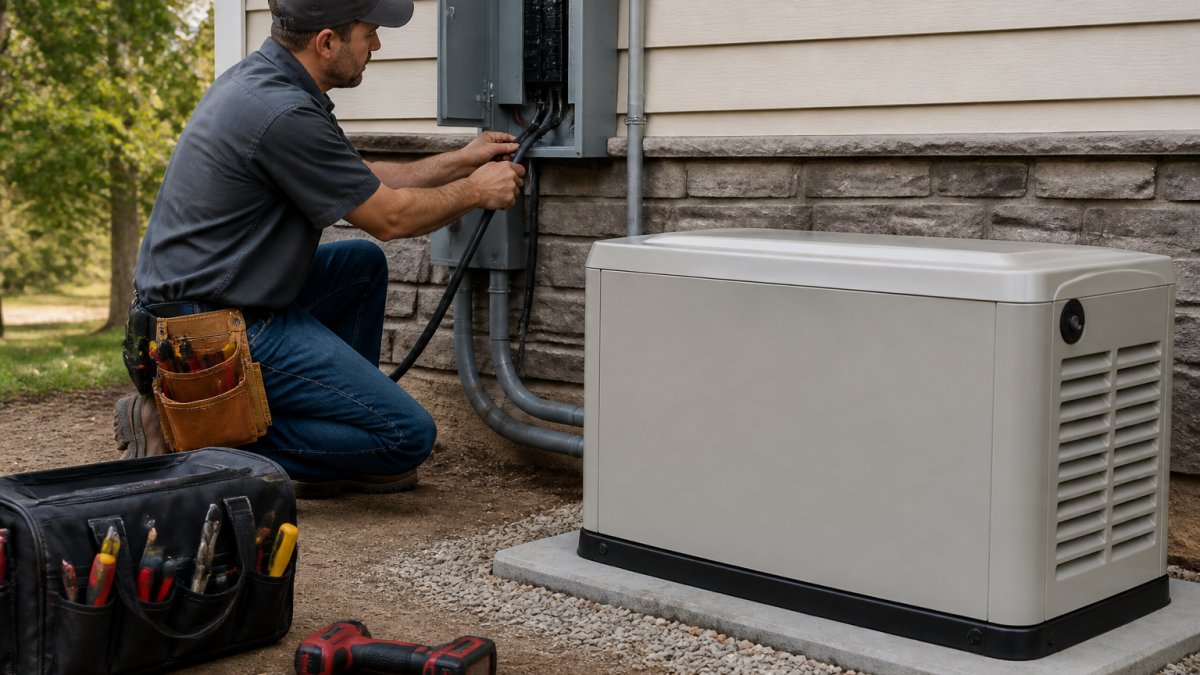 A licensed electrician in work clothes connecting a whole-home standby generator to an outdoor electrical panel next to a house, with tools and conduit visible