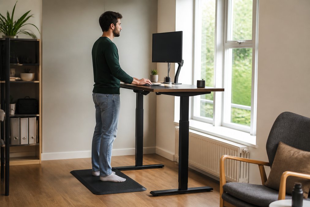 Person working at a standing desk with an anti-fatigue mat to prove its standing desk worth for productivity.
